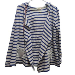 MATILDA JANE Midway Hooded Open Front Cardigan Blue Stripes Lace Pockets Size S